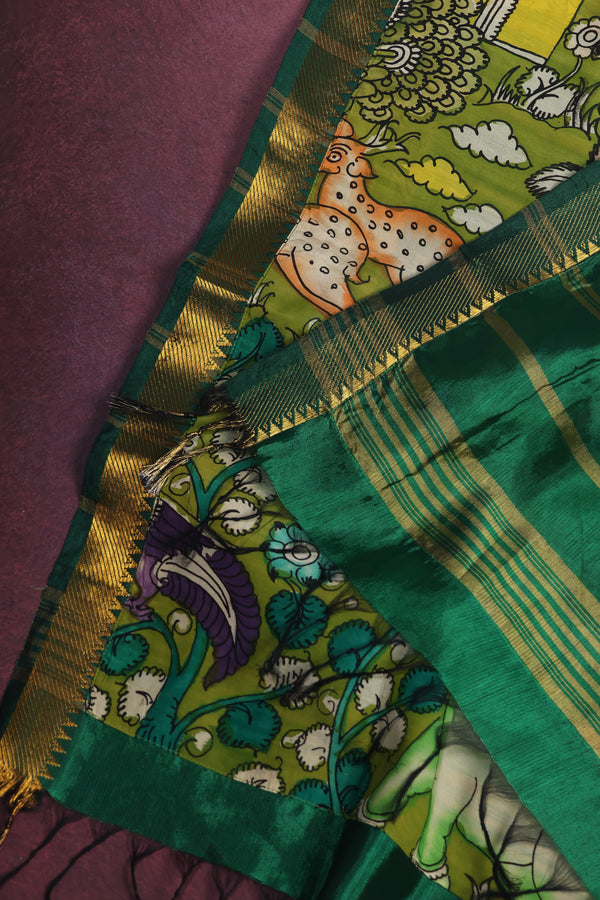 Pure Moss green Mangalgiri silk with a patch work pen Kalamkari Anchal