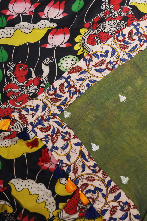 H.O.T curated - Moss green hand woven cotton jamdani with hand painted pure silk kalamkari Anchal and a double reverse border.