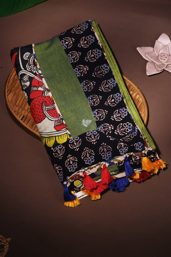 H.O.T curated - Moss green hand woven cotton jamdani with hand painted pure silk kalamkari Anchal and a double reverse border.