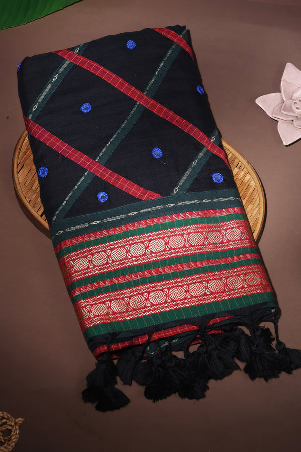 H.O.T curated- Black mull cotton with Ajrakh patch work border and mirror check patch work pallu