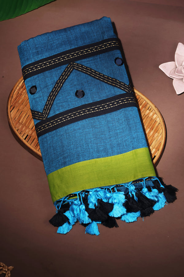 H.O.T curated - Mul Blue with Reverse border ( Black Kantha and off white kalamkari border)