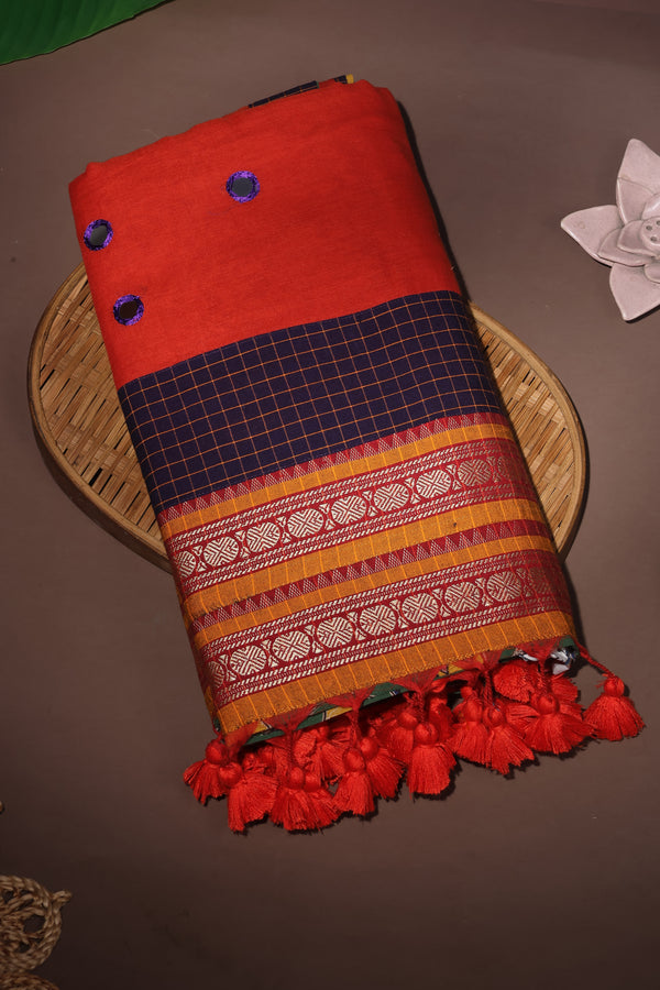 H.O.T curated - Tisha's Burnt brick mul cotton patch work and pure silk hand painted Kalamkari pallu and hand sewn mirrors.