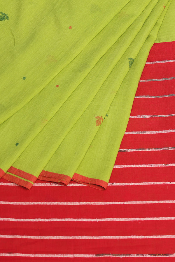 Grass Green Handwoven Cotton Jamdani Saree with Red Khesh Pallu | Curated Fusion