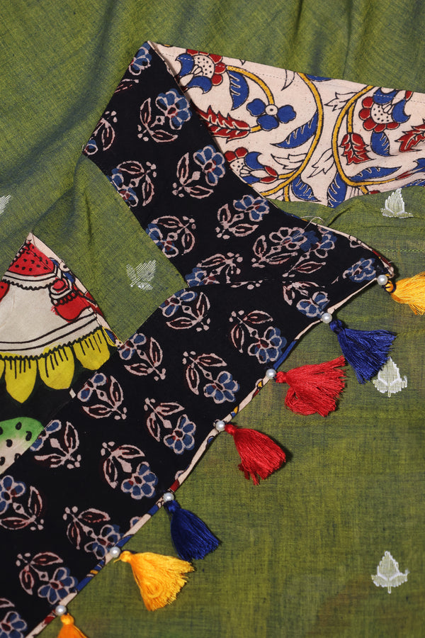 H.O.T curated - Moss green hand woven cotton jamdani with hand painted pure silk kalamkari Anchal and a double reverse border.