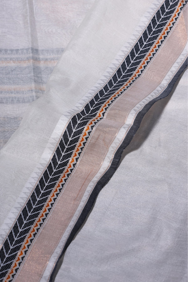 Ira - Pure Tussar Silk Cotton Off white and black with Minimal Golden border
