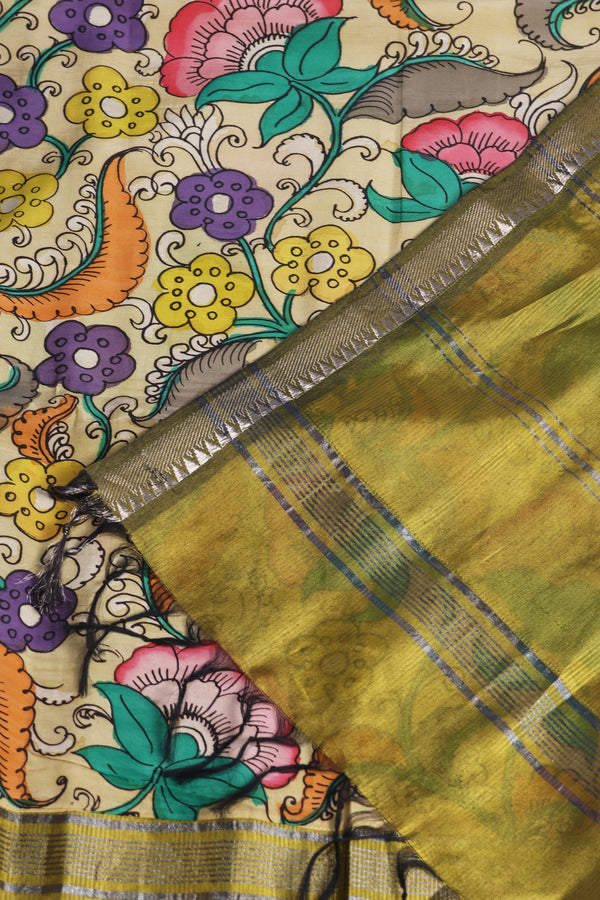 Green pure Mangalgiri silk with a hand painted pen kalamkari Anchal