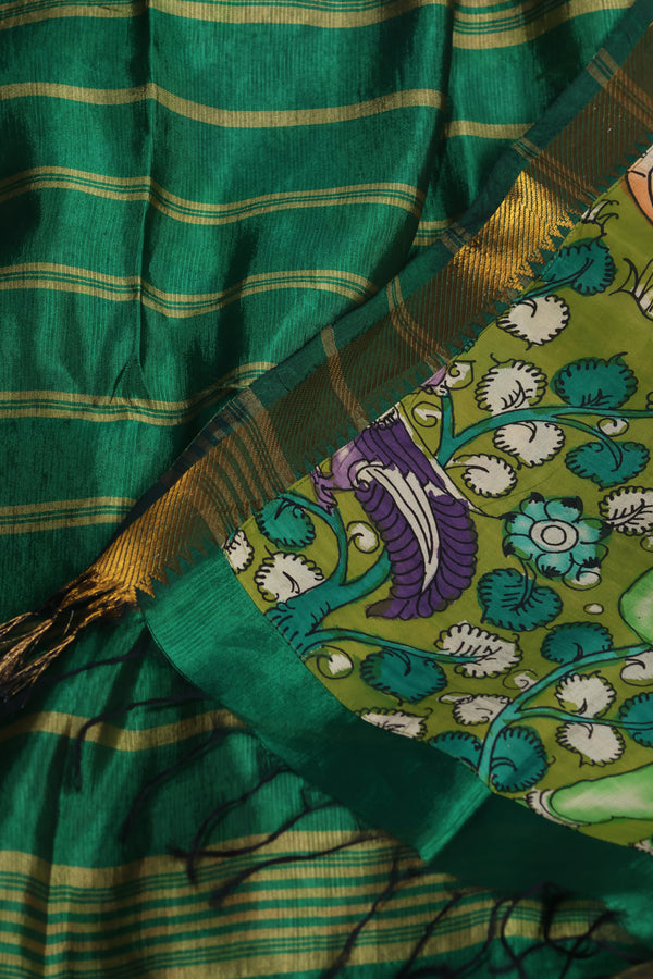 Pure Moss green Mangalgiri silk with a patch work pen Kalamkari Anchal