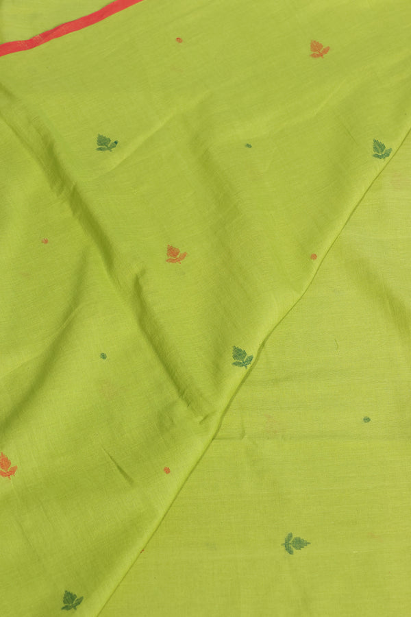 Grass Green Handwoven Cotton Jamdani Saree with Red Khesh Pallu | Curated Fusion