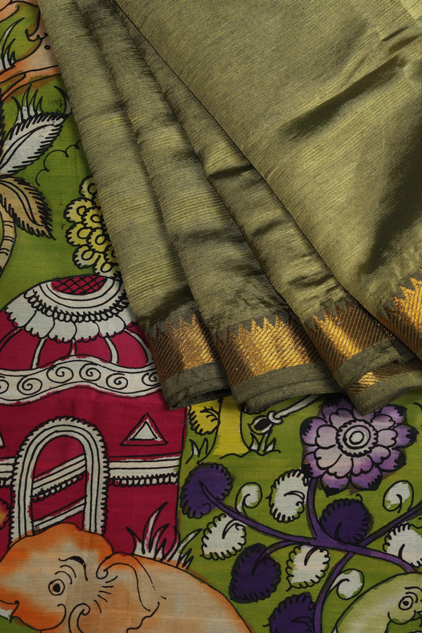 Pure Moss green Mangalgiri silk with a patch work pen Kalamkari Anchal