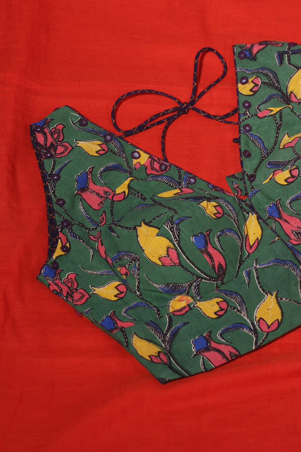 H.O.T curated - Tisha's Burnt brick mul cotton patch work and pure silk hand painted Kalamkari pallu and hand sewn mirrors.