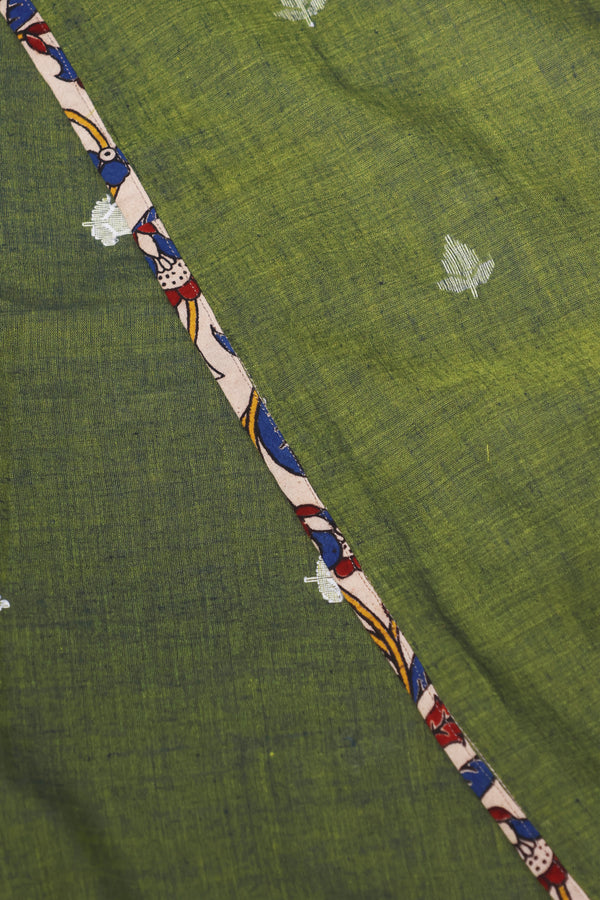 H.O.T curated - Moss green hand woven cotton jamdani with hand painted pure silk kalamkari Anchal and a double reverse border.