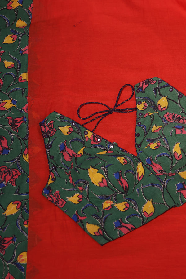 H.O.T curated - Tisha's Burnt brick mul cotton patch work and pure silk hand painted Kalamkari pallu and hand sewn mirrors.