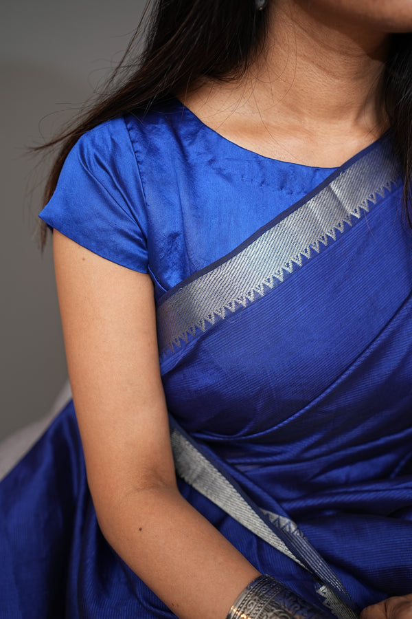 Royal blue mangalgiri silk with silver nizam border