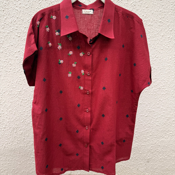 Maroon handloom shirt with woven motifs and embroidery