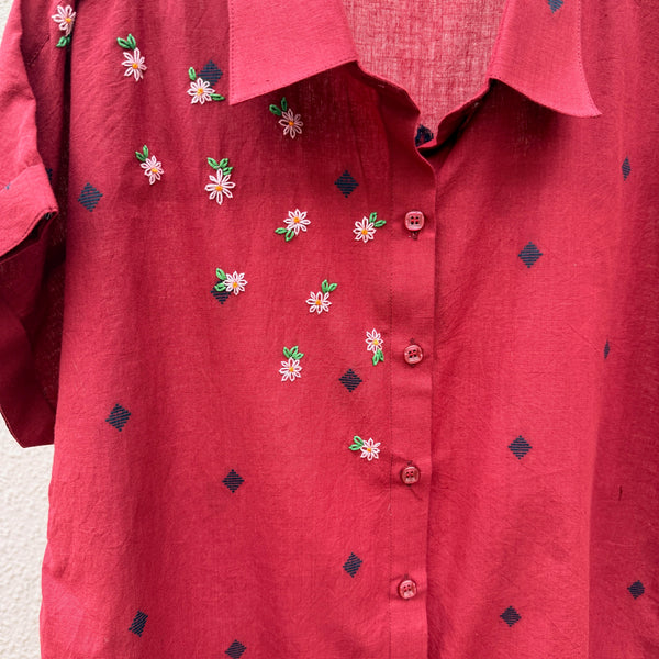 Maroon handloom shirt with woven motifs and embroidery