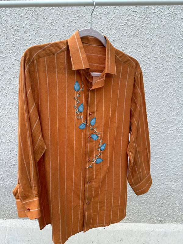 Cinnamon rust striped handloom shirt with applique and hand embroidery