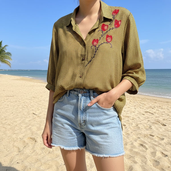 Mustard checked cotton shirt with floral hand embroidery