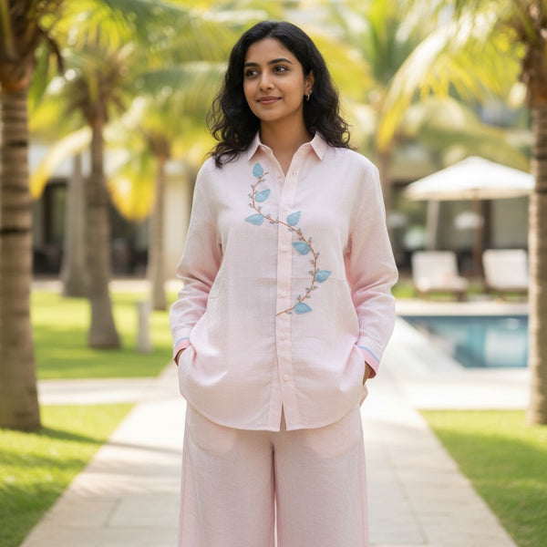 Blush pinstriped cotton shirt with leaf applique