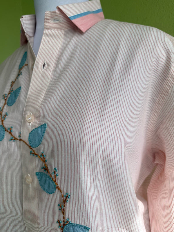 Blush pinstriped cotton shirt with leaf applique