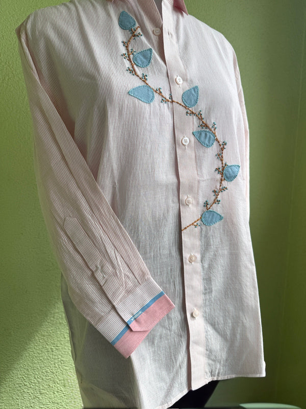 Blush pinstriped cotton shirt with leaf applique