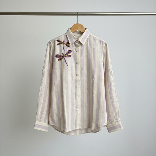 Off white kala cotton shirt with dragonfly embroidery