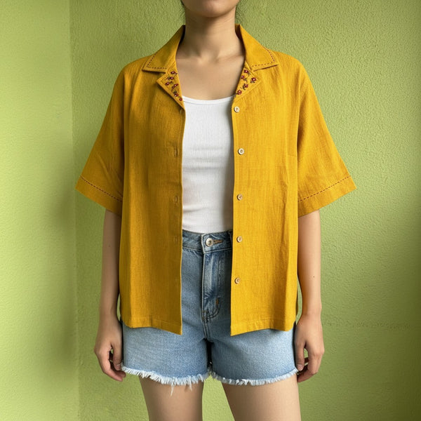 Mustard kala cotton shirt with hand-embroidered cuban collar