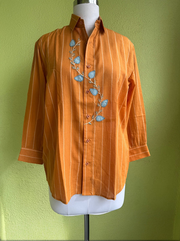 Cinnamon rust striped handloom shirt with applique and hand embroidery