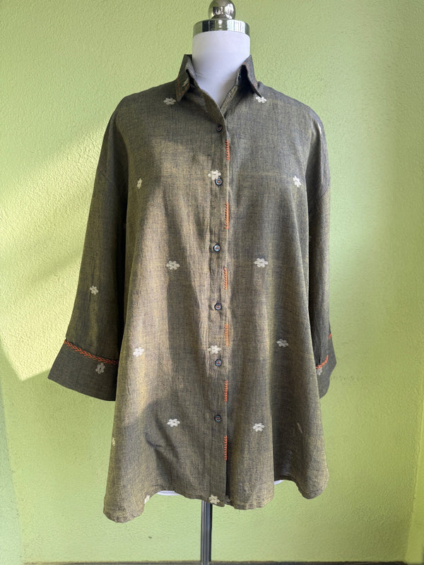 Brown-green Jamdani shirt with hand embroidery
