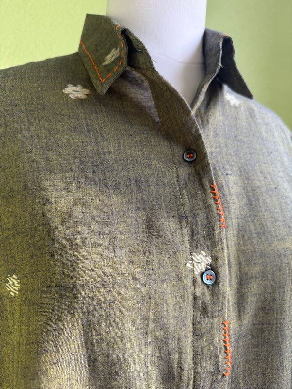 Brown-green Jamdani shirt with hand embroidery