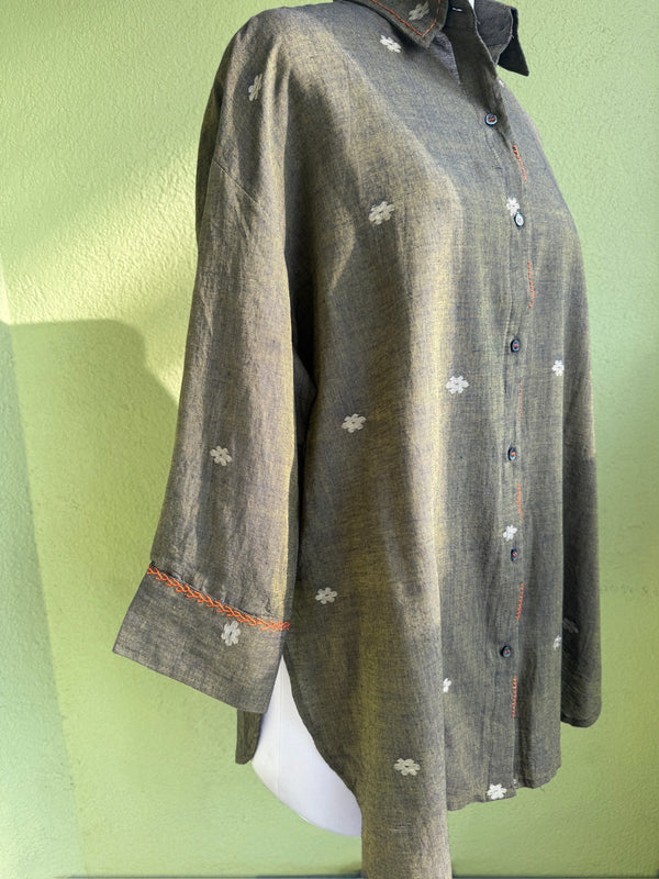 Brown-green Jamdani shirt with hand embroidery