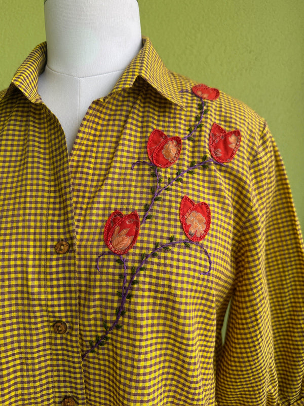 Mustard checked cotton shirt with floral hand embroidery