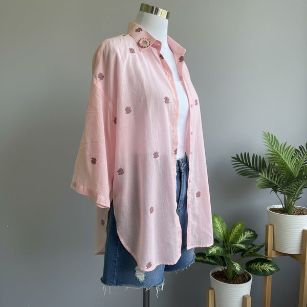 Blush pink Jamdani cotton shirt with mirror work collar