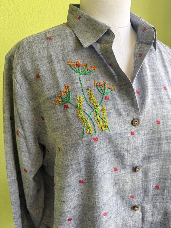 Grey Jamdani cotton shirt with wildflower hand embroidery