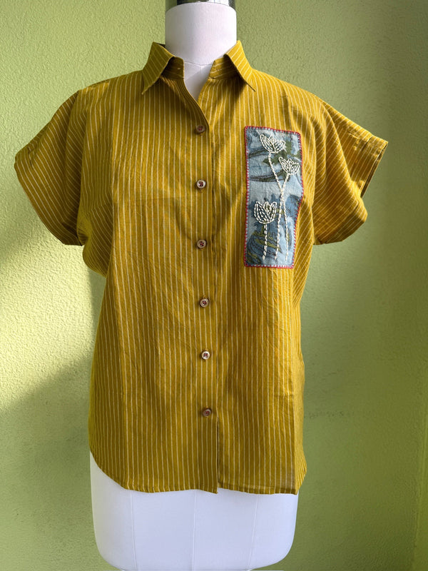Mustard striped cotton shirt with hand-embroidered faux pocket