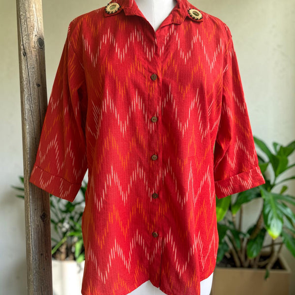 Red Cotton Ikat Mirror work shirt