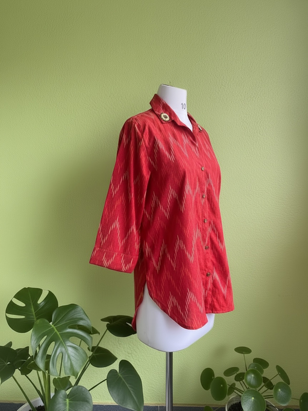 Red Cotton Ikat Mirror work shirt
