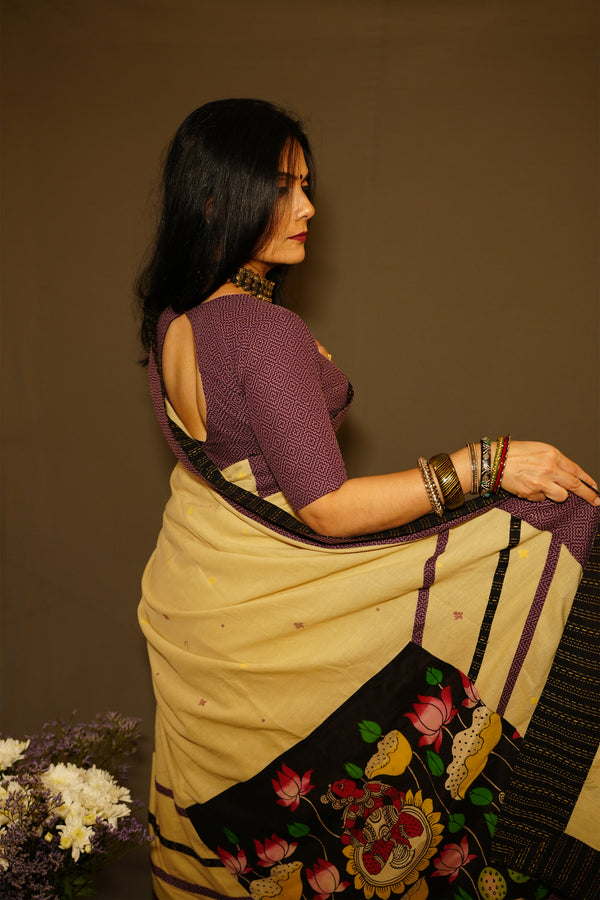 Biscuit Jamdani with patch work and pure silk pen kalamkari pallu -Saree