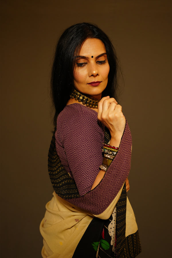 Biscuit Jamdani with patch work and pure silk pen kalamkari pallu -Saree