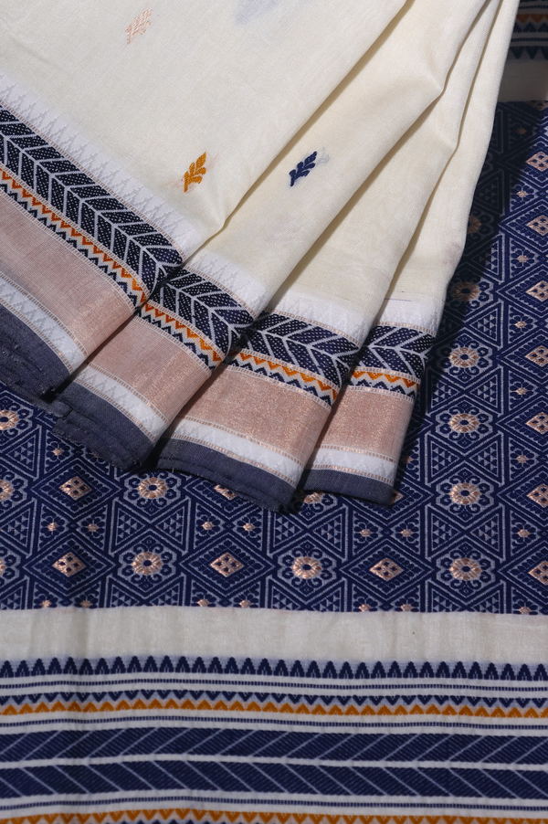 IRA-Handwoven Tussar silk cotton- Navy blue and off white