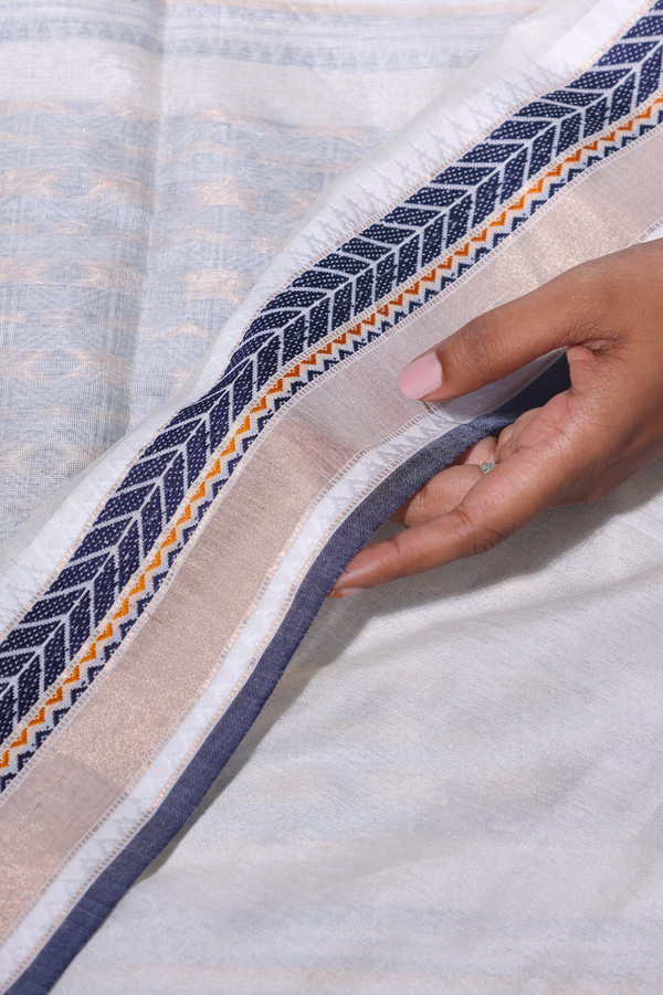 IRA-Handwoven Tussar silk cotton- Navy blue and off white