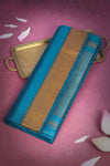 Cerulean Blue Mangalgiri Cotton Saree with Broad Gold Nizam Border