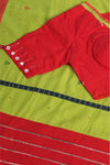 Grass Green Handwoven Cotton Jamdani Saree with Red Khesh Pallu | Curated Fusion