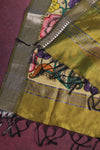 Green pure Mangalgiri silk with a hand painted pen kalamkari Anchal