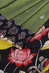 H.O.T curated - Moss green hand woven cotton jamdani with hand painted pure silk kalamkari Anchal and a double reverse border.