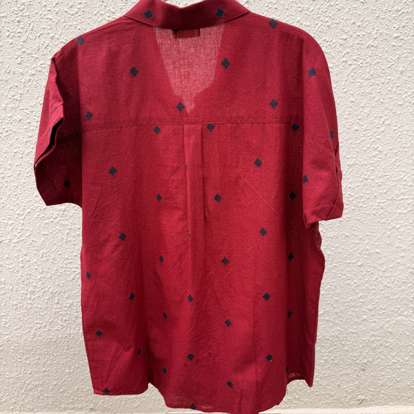 Maroon handloom shirt with woven motifs and embroidery
