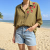 Mustard checked cotton shirt with floral hand embroidery