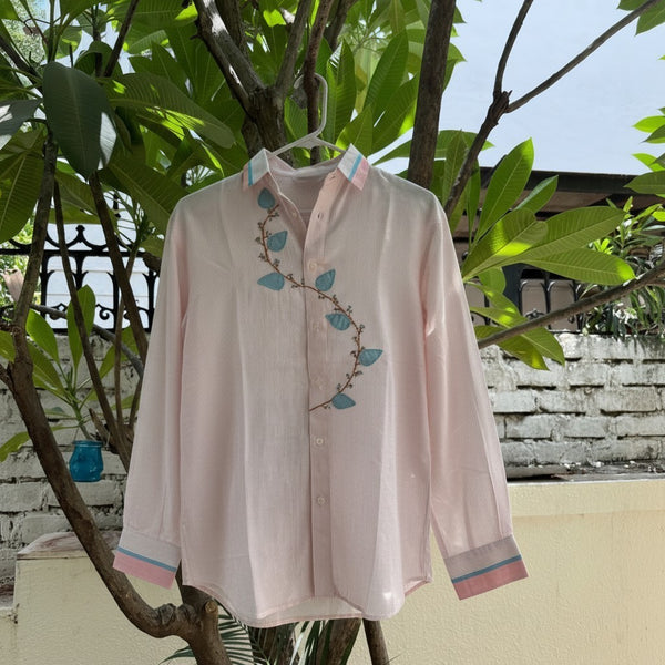Blush pinstriped cotton shirt with leaf applique