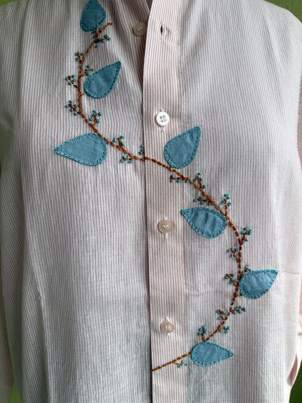Blush pinstriped cotton shirt with leaf applique