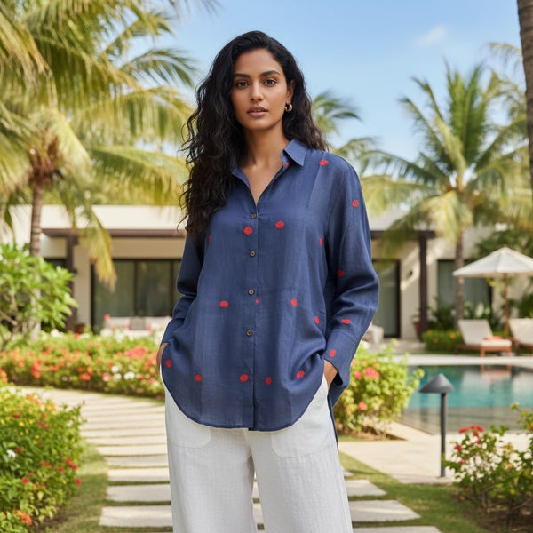Blue Jamdani cotton shirt with woven buttis