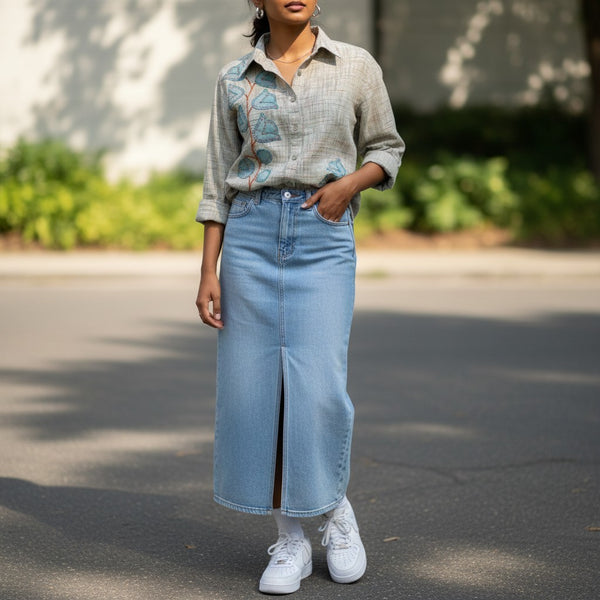 Khadi cotton shirt with leaf applique